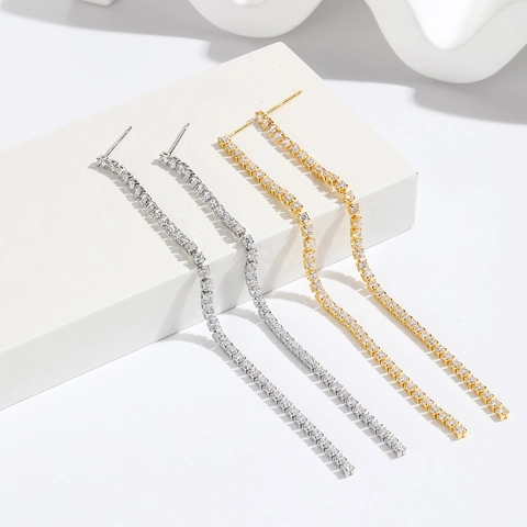Vierkante Zirkoon Lange Kwastje Oorbellen Met 925 Sterling Zilveren Oorsteker Messing Sieraden Voor Dames Mode