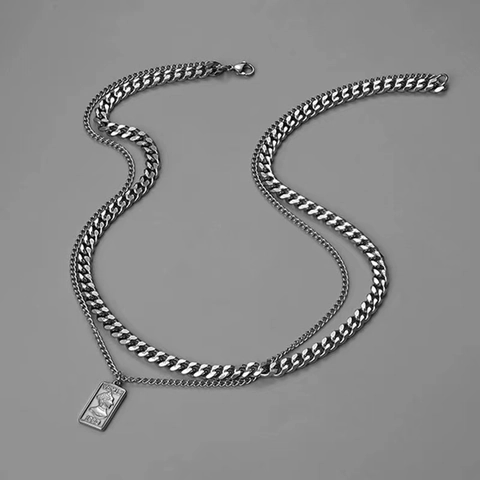Collar De Doble Capa Acero Inoxidable Cadena Cubana Colgante De Retrato Cuadrado Joyería Hip Hop Punk Unisex Color Plata