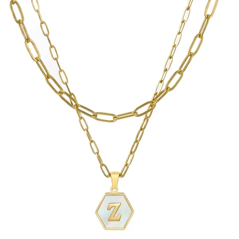 Initial Pendant Layered Necklace 18K Gold Plated Stainless Steel Hexagon Mother Of Artificial Pearl Paperclip Chain