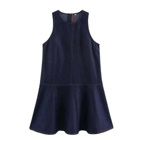 Abito In Denim Senza Maniche Blu Scuro Cotone Girocollo Cuciture Arancioni A Contrasto Orlo A Balze Mini Alla Moda Donna