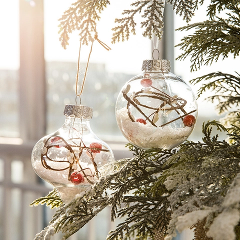 Christmas Ball Ornaments Clear Plastic Filled With Red White Berries Dry Branches Snow Hanging Xmas Tree Decoration Festive Home Decor