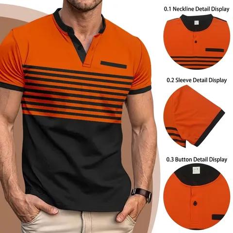 Hommes Color Block Henley Chemise Rayé Manches Courtes Business Casual Bouton Hauts Poche Polyester Elasthanne