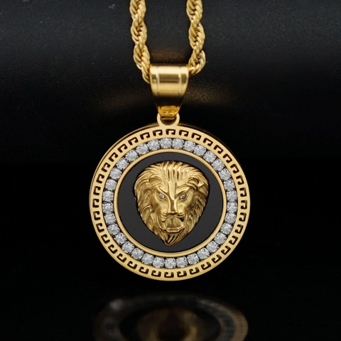 Lion Head Pendant Necklace Stainless Steel Gold Plated Cubic Zirconia Hip Hop Medallion Greek Key Pattern For Men Jewelry