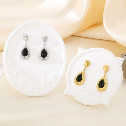 Pendientes Colgantes Gota Acero Inoxidable Con Piedra Ojo De Gato Y Circonita Marquesa Textura Concha Mujer Joyería