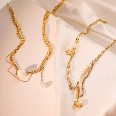 Heart Pendant Necklace For Women Double Layer Titanium Steel Chain With Faux Artificial Pearl Snowflake Charm Gold Plated Jewelry