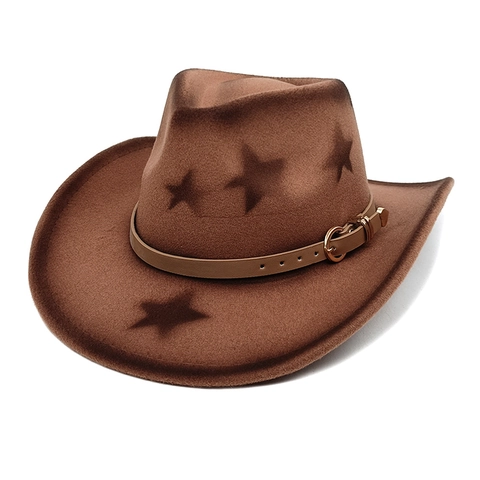 Western Cowboy Hat Cotton Polyester Felt Star Pattern Wide Brim Leather Band Vintage Outdoor Streetwear