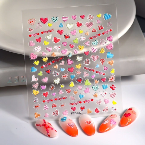 5D Embossed Heart Nail Art Stickers Adhesive 3D Japanese Sweet Candy Colored DIY Decoration For Women And Kids