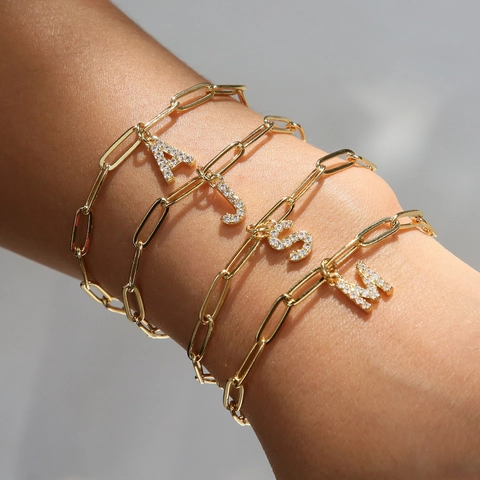 Brass 18K Gold Plated Paperclip Chain Initial Pendant Bracelet For Women Pave Rhinestone Letter A-Z Jewelry Gift