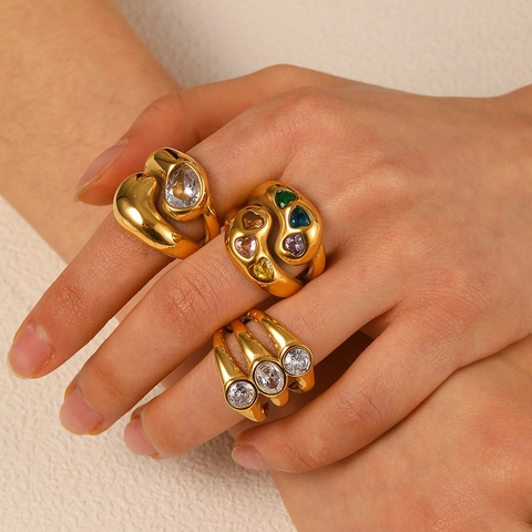 Vintage Chunky Stainless Steel Ring Multi Color Heart Water Drop Zircon Jewelry Gift For Women Fashion Luxury