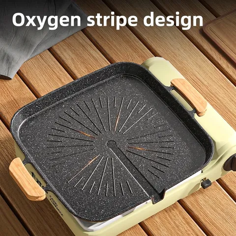 Korean Style Grill Pan Non-Stick Maifan Stone Coating Roasting Pan Outdoor Camping Home BBQ Aluminum Alloy With Wood Handle