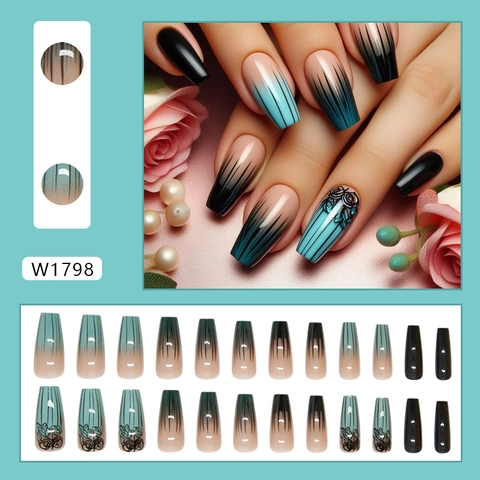 Unghie Press On Lunghe Forma A Bara Plastica ABS Sfumatura Verde Scuro Teale Motivo Rosa Nera Linee Verticali Manicure Artificiale Per Donne