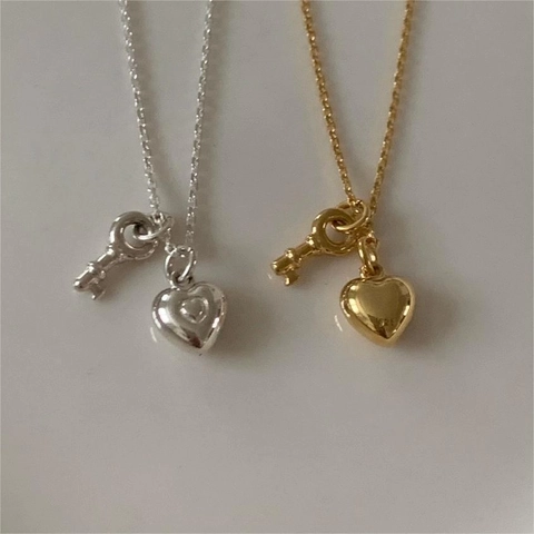 925 Sterling Silber Herz Und Schlüssel Anhänger Halskette Minimalistischer Romantischer Eleganter Schmuck Für Damen