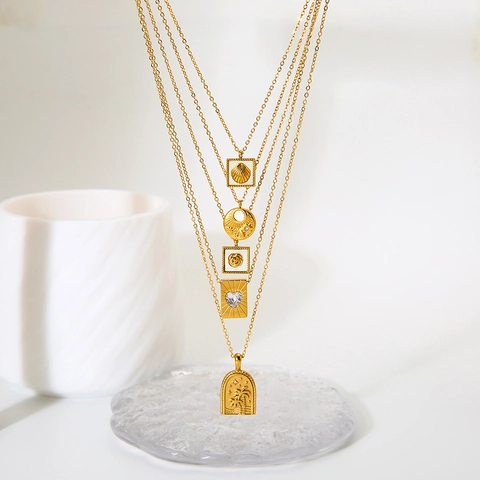 Pendant Necklace 18K Gold Plated Stainless Steel Waterproof Shell Heart Rose Palm Tree Geometric Jewelry For Women