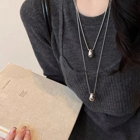 Teardrop Pendant Necklace Stainless Steel Minimalist Long Layered Sweater Chain Versatile Fashion Jewelry For Women