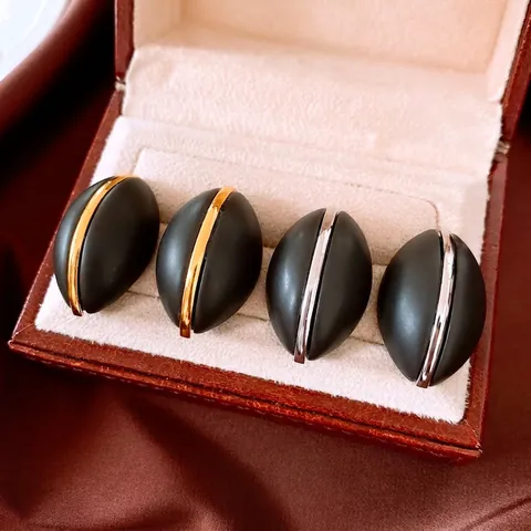 Pendientes De Botón Ovalados Vintage Grano De Café Con Madera Cobre Y Poste De Plata De Ley 925 Negro Mate Rayado