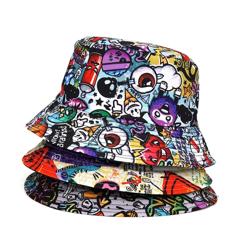 Graffiti Print Bucket Hat Reversible Streetwear Hip Hop Style Cotton Polyester Sun Protection Outdoor Casual Flat Top