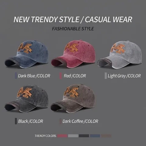 Vintage Washed Cotton Baseball Cap For Men Women Adjustable Retro Distressed Letter M Embroidery Outdoor Sun Protection Hat