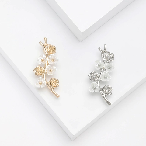 Alloy Flower Branch Brooch Mother Of Artificial Pearl Petal Rhinestone Elegant Suit Pin For Women