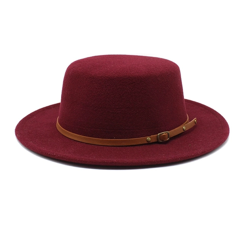 Retro Britse Stijl Wollen Vilt Platte Boater Hoed Met Leren Riem Decoratie Voor Heren En Dames