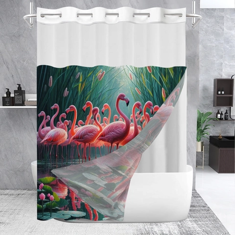 Waterdicht Douchegordijn Polyester Wafelweefsel Met Haakloze Ringen Gaasvenster Dubbellaags Afneembare Voering Voor Badkamer Decoratie