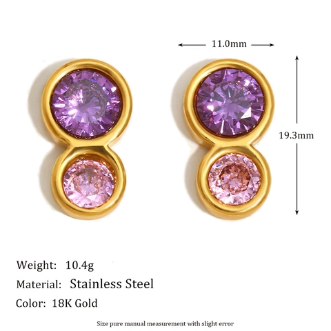 Stainless Steel Geometric 8 Shape Stud Earrings For Women With 18K Gold Plating Purple And Pink Round Cubic Zirconia
