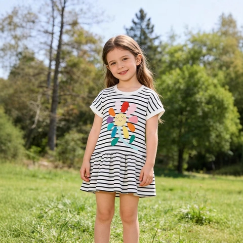 Girls Short Sleeve Striped Dress With Colorful Sunflower Applique Combed Cotton Princess Party Skirt Summer Kids Casual Clothing