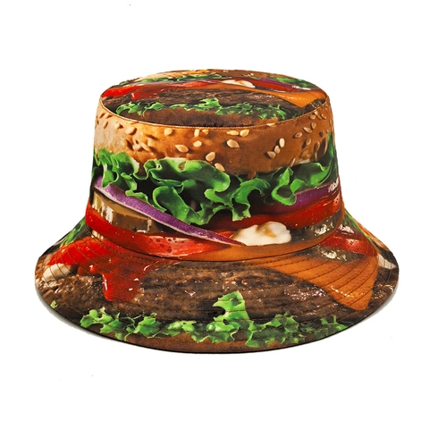 Realistic 3D Beef Burger Print Bucket Hat Reversible Polyester Novelty Funny Sun Protection Outdoor For Unisex