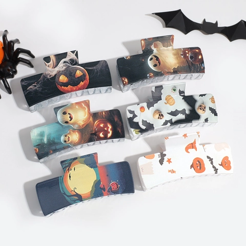 Halloween Hair Claw Clip Large Rectangular Acrylic Ghost Pumpkin Bat Skull Print Spooky Festive Hair Accessories For Women