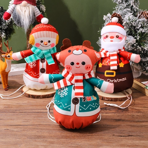 Weihnachten Kordelzug Geschenktüten Weihnachtsmann Schneemann Rentier Cartoon Stoff Süßigkeiten Apfel Verpackung Beutel Für Feiertag Party Dekor