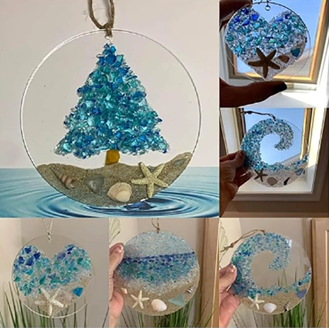 Sea Glass Suncatcher Ocean Wave Hanging Ornament Acrylic Coastal Home Decor With Natural Shell Starfish Sand
