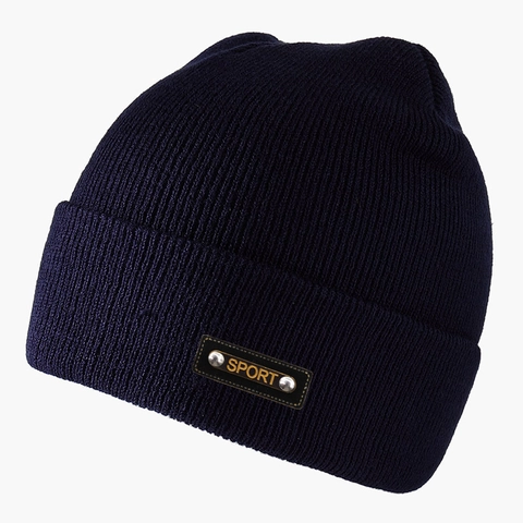 Knit Beanie Hat Acrylic Warm Winter Ribbed Cuffed Cap With Metal Patch Urban Streetwear For Men Women