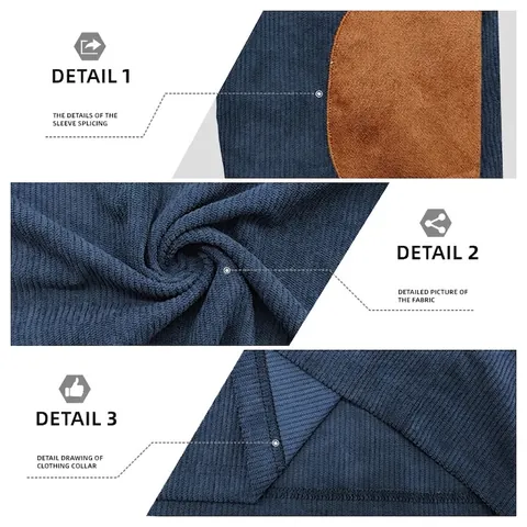 Men Long Sleeve Polo Shirt Corduroy Ribbed Fabric Contrast Elbow Patches Retro Casual Lapel Button Top