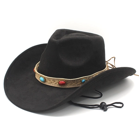 Vintage Western Cowboy Hat Suede Wide Brim Ethnic Beaded Band Adjustable Windproof Rope Outdoor Jazz Sun Hat