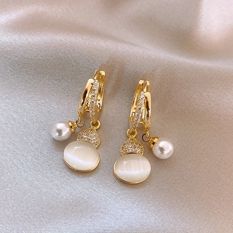 Pendientes Colgantes Piedra Ojo De Gato Con Perla Artificial Circón Aleación Y Poste De Plata Para Mujer Joyería Elegante