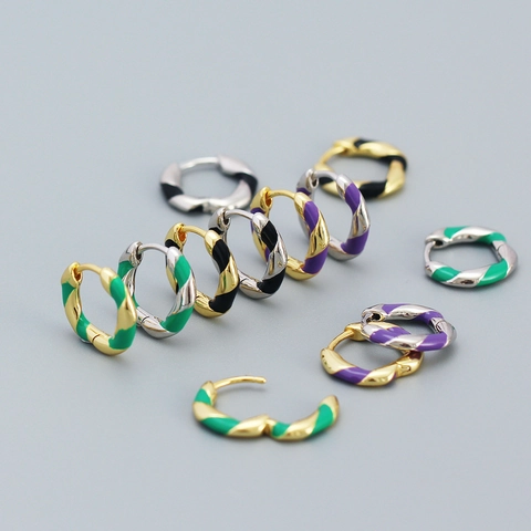Boucles D'oreilles Créoles En Argent Sterling 925 Émail Coloré Spirale Twist Huggie Pour Femmes Style Ins