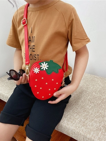 Kids Strawberry Shape Crossbody Bag PU Leather Flower Studded Cute Small Shoulder Purse For Girls Toddlers