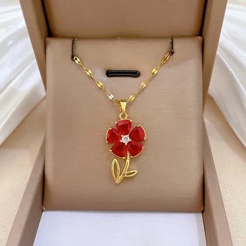 Red Flower Pendant Necklace Titanium Steel Chain Copper Micro Pave Zircon Elegant Clavicle Jewelry For Women