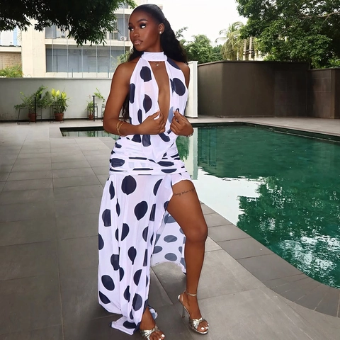 Vestito Maxi A Pois Allacciato Al Collo Schiena Scoperta Poliestere Spandex Mesh Arricciato Spacco Laterale Sexy Vacanza Estate