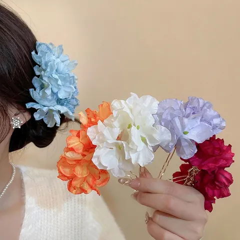 Floral Hair Stick Fabric Flower Hair Fork U Shaped Metal Pin Elegant New Chinese Style For Women Wedding Hanfu Accessory