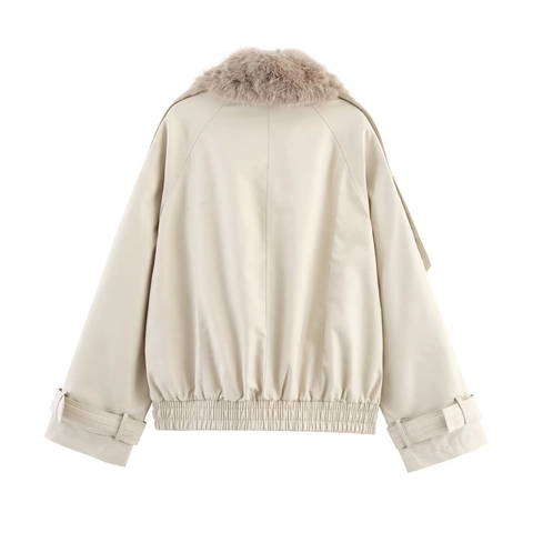 Coupe-vent Court Décontracté pour Femmes Kaki Avec Col en Fausse Fourrure Manteau en Polyester Double Boutonnage
