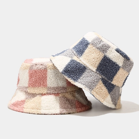 Cappello Alla Pescatora A Scacchi Lana Di Agnello Caldo Antivento Inverno All'aperto Retro Moda Donne Pieghevole Tesa Larga