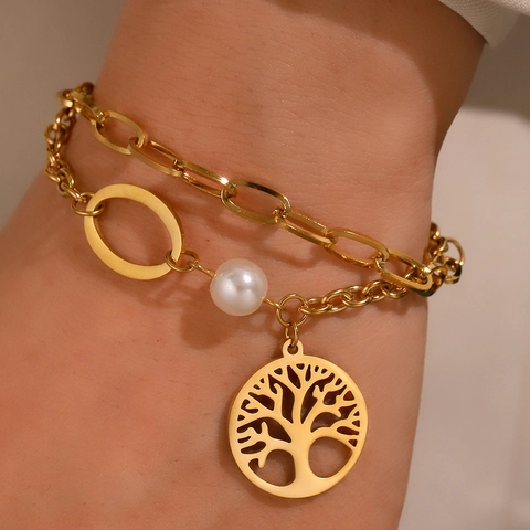 Tree Of Life Doppelreihiges Armband Edelstahl Mit Imitationsperle Eleganter Hohlanhänger Gliederkette Schmuck Für Frauen