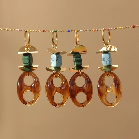 Pendientes Colgantes Geométricos Bohemios Vintage Con Acero Inoxidable Turquesa Sintética Y Resina De Color Ámbar Para Mujeres