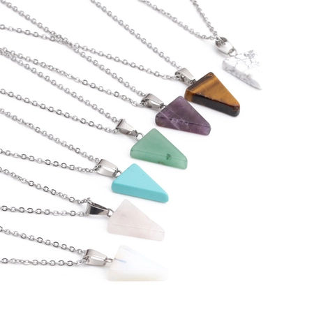 Triangle Natural Stone Pendant Necklace Stainless Steel Chain Geometric Crystal Agate Jewelry For Women Men