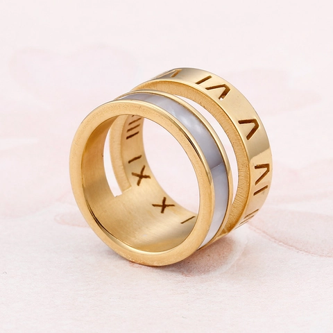 Fashion Stainless Steel Roman Numeral Ring For Women Gold Silver Plated Shell Inlay Double Layer Hollow Band Finger Jewelry