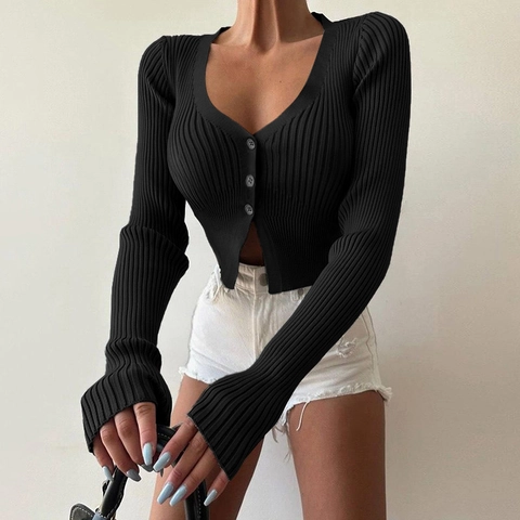 Cárdigan De Punto Acanalado Ajustado Para Mujer Sexy Cuello En V Profundo Manga Larga Color Sólido Poliéster Top Otoño