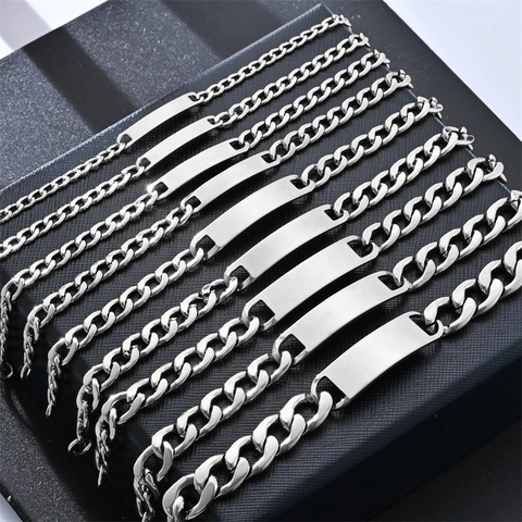 Roestvrijstalen Cubaanse Schakelarmband Blanco ID Tag Punk Hip Hop Sieraden Voor Heren Dames Minimalistisch Zilver