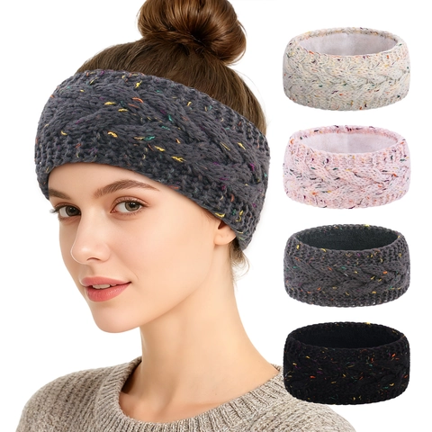 Cable Knit Fleece Lined Headband Winter Warm Ear Warmer Confetti Speckled Yarn Hair Band Women