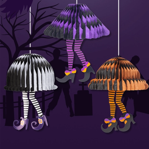 Halloween Witch Leg Hanging Decoration Honeycomb Paper Cardboard Striped Boots Pendant Spooky Party Atmosphere Ornament