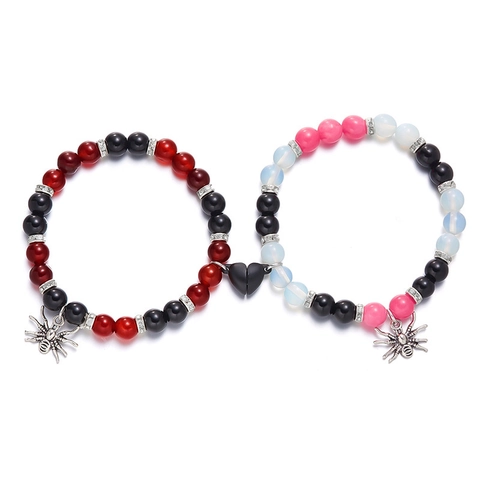 Bracelet Couple Aimant Cœur Pendentif Araignée Perles Agate Obsidienne Bijoux Gothique Punk Cadeau